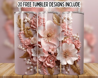 3D White Pink Flowers 20 oz Skinny Tumbler Sublimation Design, Straight Tumbler Wrap, Seamless Flower Wrap Png, Instant Digital Download PNG