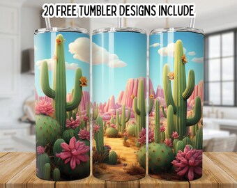 3D Cactus Flowers 20oz Skinny Tumbler Wrap, Cactus Tumbler Design PNG, Straight Seamless Graphics Tumbler Wrap PNG, Instant Digital Download