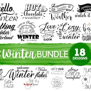 Puede incluir: Un conjunto de 18 diseños digitales de invierno en SVG, PNG, JPG y DXF. Los diseños presentan varias frases e imágenes relacionadas con el invierno, como "hello winter", "hot chocolate weather", "love cozy winter vibes" y "let it snow".