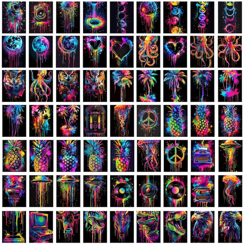 May include: A digital collage of 100 colorful, abstract images. Each image features a different design, including hearts, pineapples, butterflies, and more. The images are arranged in a grid pattern and are set against a black background.