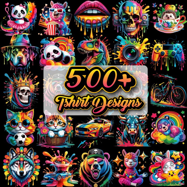 May include: A collection of colorful graphic designs, including animals, skulls, and vehicles, with a black background. The image features the text "500+ T-shirt Designs" in a vibrant font, showcasing a variety of potential t-shirt graphics.