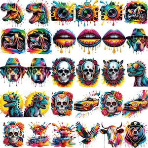 May include: A collection of colorful, stylized illustrations featuring a variety of subjects. Included are dinosaurs, cameras, lips, motorcycles, dogs, skulls, cars, an owl, a cow, and a bear, all with vibrant paint splatter effects.