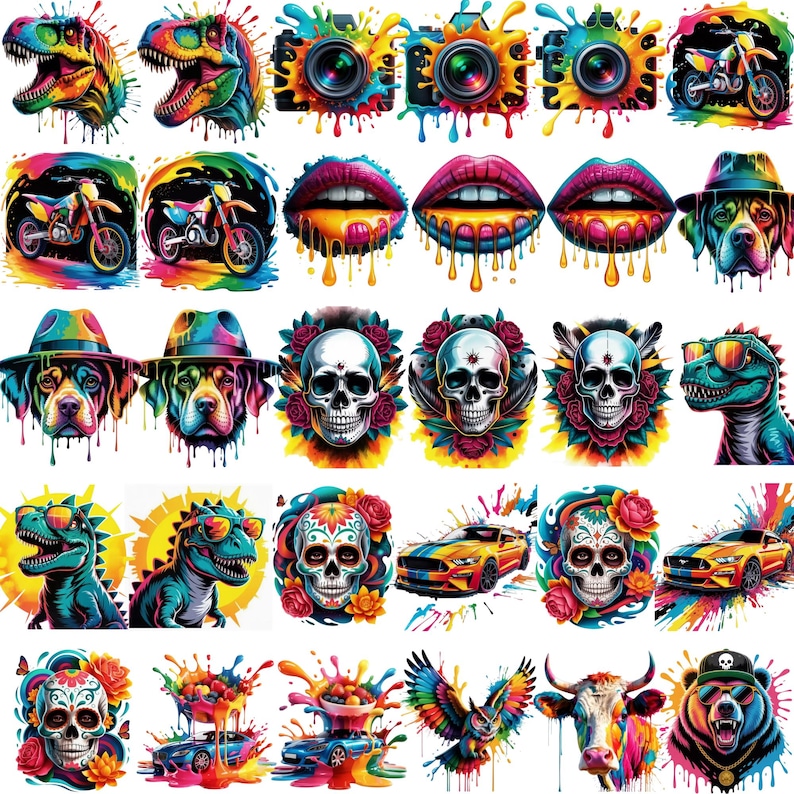 May include: A collection of colorful, stylized illustrations featuring a variety of subjects. Included are dinosaurs, cameras, lips, motorcycles, dogs, skulls, cars, an owl, a cow, and a bear, all with vibrant paint splatter effects.