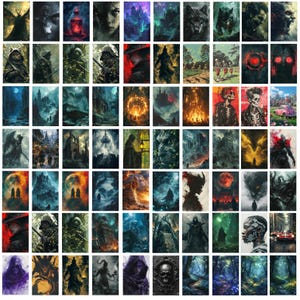 Pode incluir: Uma colagem de 64 imagens com arte de fantasia escura e g&oacute;tica. As imagens retratam v&aacute;rias cenas, personagens e objetos, incluindo um lobo, um castelo, uma floresta, uma caveira e uma criatura com asas.