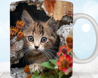 3D Cute Cat Mug Wrap, 11 oz & 15oz Mug Wrap Sublimation Designs, 3D Kitten Hole In A Wall Mug, Cute Cat Mug Press Design