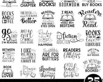 25 Reading SVG Bundle, Book Lovers svg, Librarian svg, Book Quotes svg, Book Worm svg, Instant Download