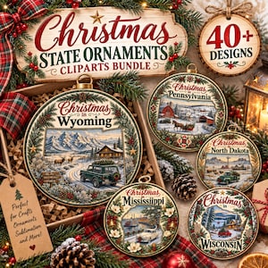 May include: A collection of round Christmas state ornaments featuring winter landscapes and text including Christmas in Wyoming, Pennsylvania, North Dakota, Mississippi, and Wisconsin. The set includes a sign stating 40+ Designs.