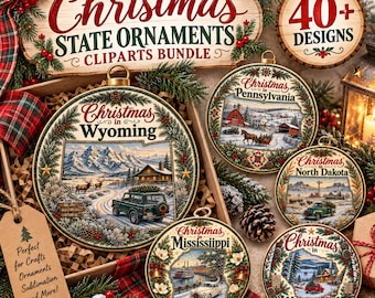 50 United States Christmas Ornament PNG Bundle, State Christmas Designs, USA Holiday Ornament Clipart, Digital Download