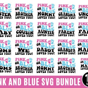 Retro rosa e azul nós te amamos SVG, revelação de gênero svg, rosa ou azul mamãe papai te ama SVG, pegada de bebê SVG, camisa de revelação de gênero svg
