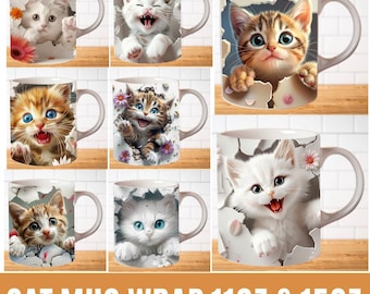 3D Cute Cat Mug Wrap Bundle, 11 oz & 15oz Mug Wrap Sublimation Designs, 3D Kitten Hole In A Wall Mug, Cute Cat Animal Mug Press Design
