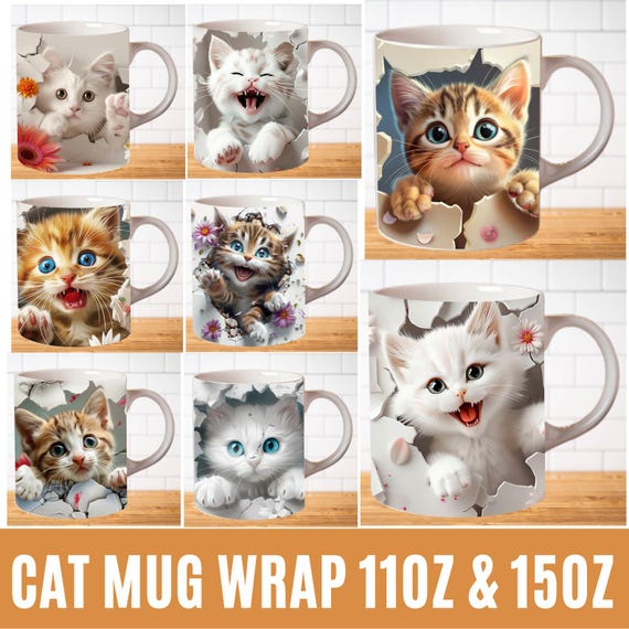 3D Cute Cat Mug Wrap Bundle, 11 oz & 15oz Mug Wrap Sublimation Designs, 3D Kitten Hole In A Wall Mug, Cute Cat Animal Mug Press Design
