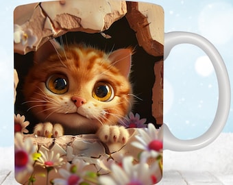 3D Kitten Hole In A Wall Mug, 3D Cute Cat Mug Wrap, 11 oz & 15oz Mug Wrap Sublimation Designs, Cute Cat Mug Press Design