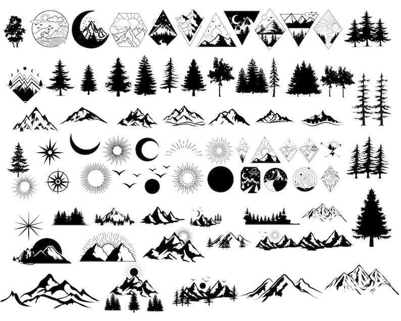 May include: A set of 60 black and white mountain, sun, moon, and tree illustrations. The illustrations are perfect for use in digital scrapbooking, card making, and other craft projects.