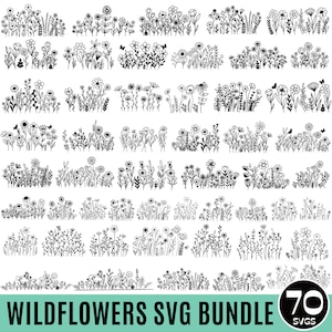 Bundle svg méga fleurs sauvages, bouquet SVG, svg floral, Svg minimaliste, svg nature, svg cadre floral, svg monogramme split, svg croquis fleur