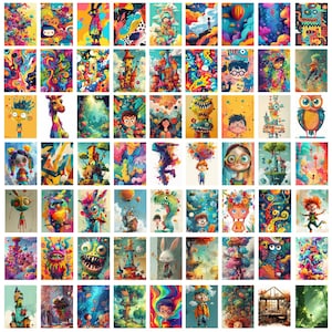 May include: A collection of 36 colorful digital illustrations featuring whimsical characters, fantastical creatures, and abstract designs. The illustrations are vibrant and playful, with a mix of cartoonish and surreal elements.