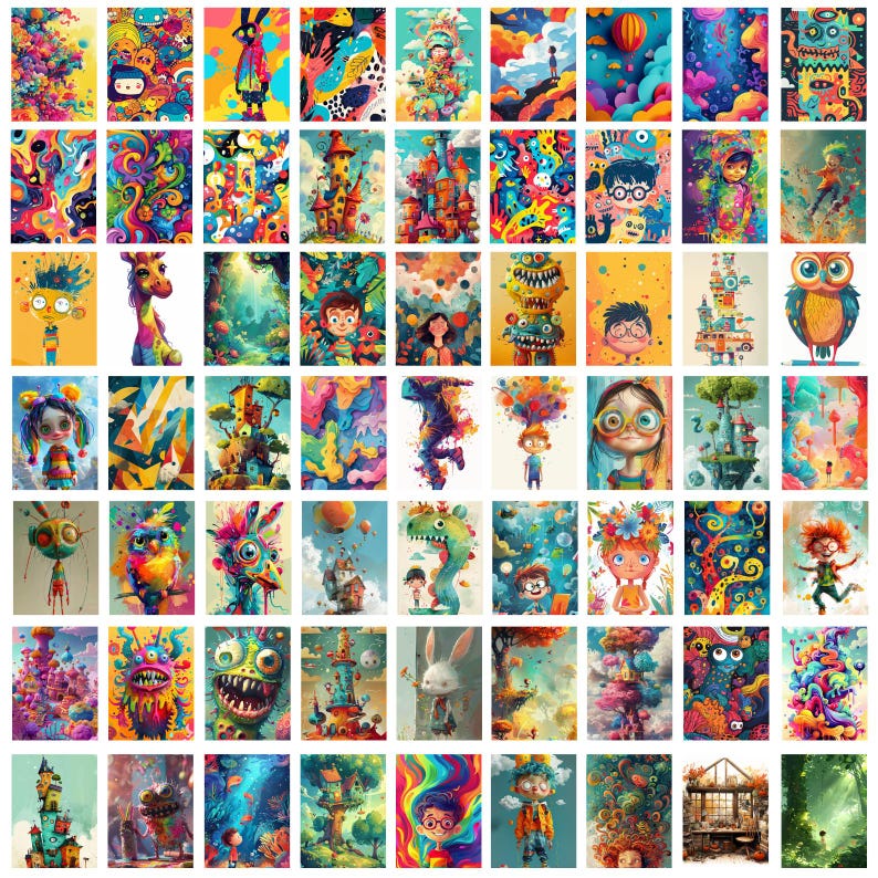 May include: A collection of 36 colorful digital illustrations featuring whimsical characters, fantastical creatures, and abstract designs. The illustrations are vibrant and playful, with a mix of cartoonish and surreal elements.