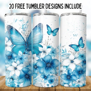 3D Blue Flower Butterfly 20oz Tumbler Wrap PNG, Design de sublimação de borboleta png, Copo de borboleta sem costura Png, Envoltório de copo reto png,