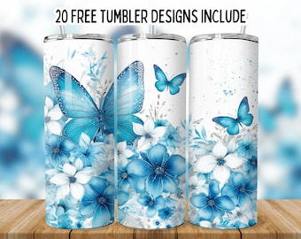 3D Blue Flower Butterfly 20oz Tumbler Wrap PNG, Butterfly Sublimation Design png, Seamless Butterfly Tumbler Png,Straight Tumbler Wrap png,