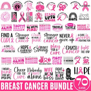 70 borstkanker SVG-bundel, retro kanker SVG, bestrijding van kanker SVG, roze lint, Breast Cancer Awareness, aanpakken van kanker SVG, digitale download