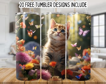 Cat With Flowers and Butterfly 20oz Skinny Tumbler Wrap, Colorful Floral Cat Tumbler, Cat Sublimation png, Seamless Wrap,Cute 3D Cat