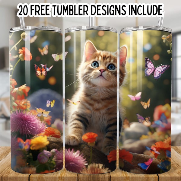 Cat With Flowers and Butterfly 20oz Skinny Tumbler Wrap, Colorful Floral Cat Tumbler, Cat Sublimation png, Seamless Wrap,Cute 3D Cat