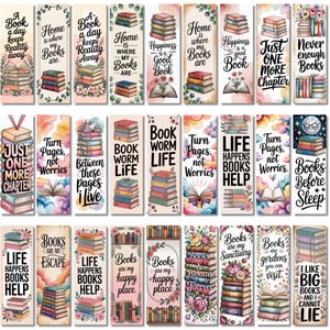 May include: A collection of thirty rectangular bookmarks featuring various illustrations of stacked books, open books, and floral accents. Each bookmark displays unique motivational text related to reading, such as Book worm life and Books are my happy place.