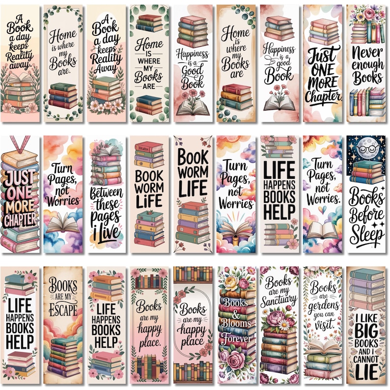 May include: A collection of thirty rectangular bookmarks featuring various illustrations of stacked books, open books, and floral accents. Each bookmark displays unique motivational text related to reading, such as Book worm life and Books are my happy place.