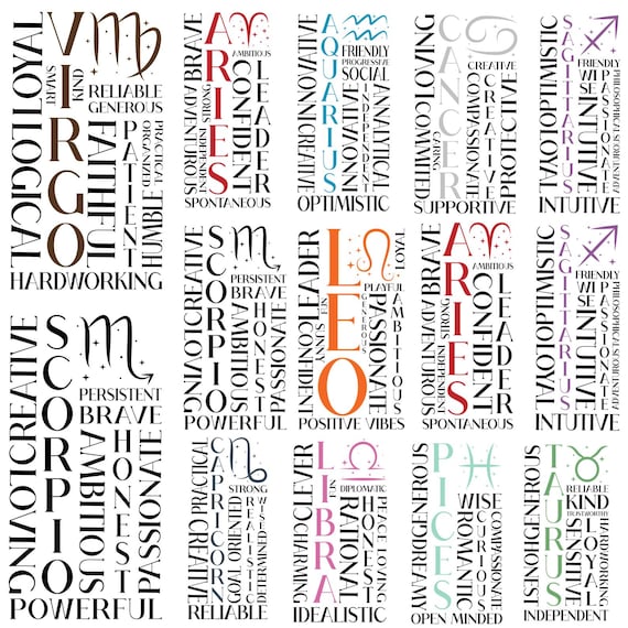 12 Zodiac Signs SVG Bundle, Astrology Clipart, Horoscope SVG, Positive Zodiac Quotes, Star Sign Shirt Designs, Zodiac Symbols, Digital Png