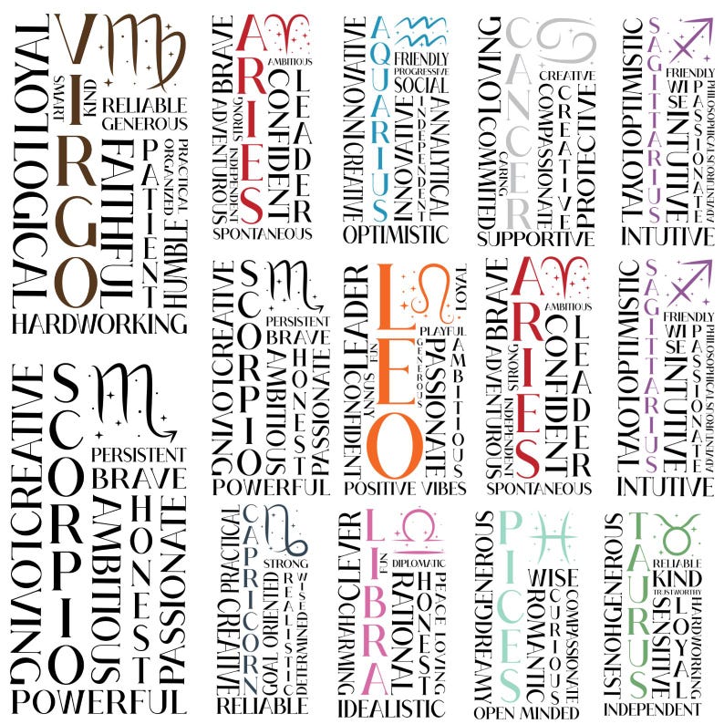 May include: A white background features vertical text arrangements for various zodiac signs. Each sign is accompanied by descriptive words in different colors, such as "Leo" in orange and "Aries" in red, with words like "passionate" and "creative".