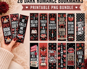 26 Dark Romance Bookmarks Printable PNG Bundle, Gothic Aesthetic Reading Markers, Dark Academia Love Bookmark Set Graphics, Digital Download