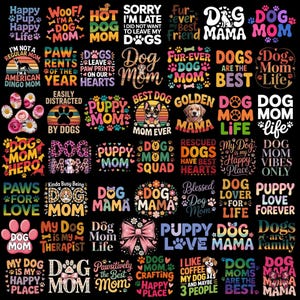 May include: A collection of colorful dog-themed designs on a black background. The designs include phrases like "Dog Mom," "Puppy Love," and "Best Dog Ever," along with paw prints and dog illustrations. The overall theme is about dogs.
