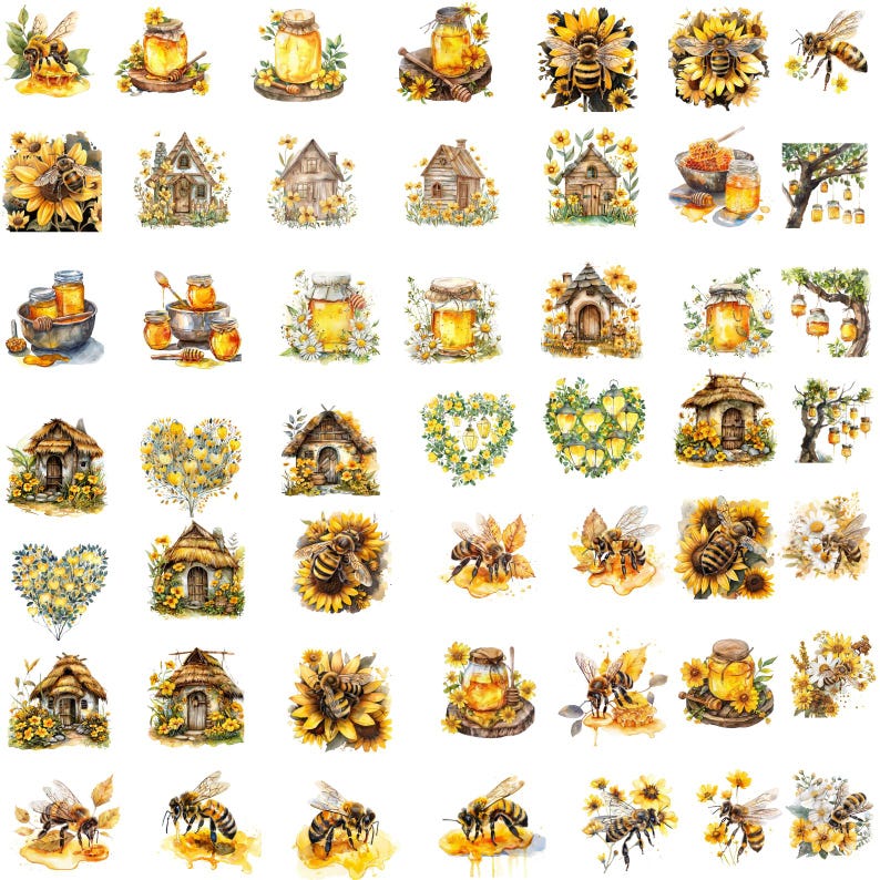 May include: A collection of 40 watercolor illustrations featuring honeybees, honey jars, sunflowers, and beehives. The illustrations are in shades of yellow, brown, and white.