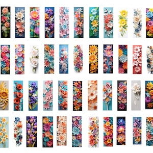 K&ouml;nnte beinhalten: Eine Sammlung von 36 farbenfrohen Papierblumenarrangements, jedes mit einer anderen Blumenart, wie Rosen, Sonnenblumen, Lilien und G&auml;nsebl&uuml;mchen. Die Blumen sind vertikal angeordnet und bilden ein lebendiges und auff&auml;lliges Display.