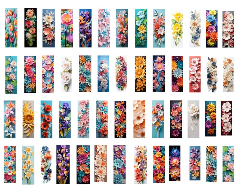 K&ouml;nnte beinhalten: Eine Sammlung von 36 farbenfrohen Papierblumenarrangements, jedes mit einer anderen Blumenart, wie Rosen, Sonnenblumen, Lilien und G&auml;nsebl&uuml;mchen. Die Blumen sind vertikal angeordnet und bilden ein lebendiges und auff&auml;lliges Display.