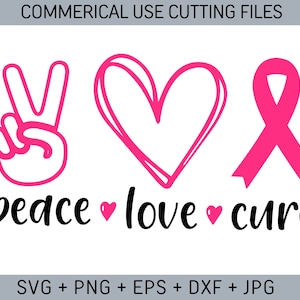Cáncer de mama SVG, Paz, amor y cura SVG, Concientización sobre el cáncer SVG, Sobreviviente de cáncer SVG, Lucha contra el cáncer SVG, Camiseta contra el cáncer de mama, Cinta, archivo de corte