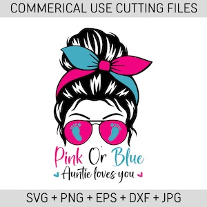 Tía rosa o azul te ama SVG, moño desordenado rosa y azul SVG, Mamá papá te ama rosa o azul SVG, revelación de género SVG, huella de bebé