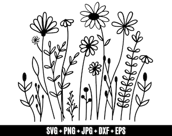 Puede incluir: Silueta en blanco y negro de un campo de flores silvestres. Las flores son estilizadas y simples, con pétalos y tallos redondeados. El diseño es perfecto para crear un look caprichoso e inspirado en la naturaleza.