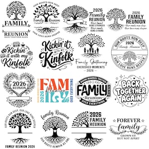 May include: A collection of black and white family reunion designs. The designs feature tree illustrations, text like "Family Reunion 2026", and phrases such as "Our roots run deep" and "Back together again."