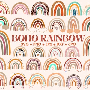 Lot de 30 svg arc-en-ciel bohème, svg arc-en-ciel mignon, clipart arc-en-ciel boho, clipart arc-en-ciel, svg arc-en-ciel, arc-en-ciel dessiné à la main, autocollants boho