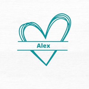 May include: A teal blue heart with a white banner that says "Alex" in the center.