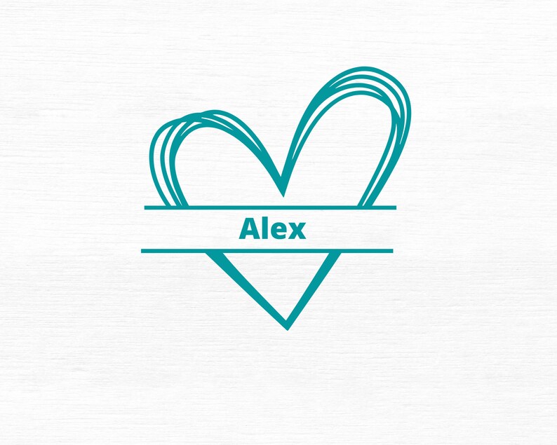 May include: A teal blue heart with a white banner that says "Alex" in the center.