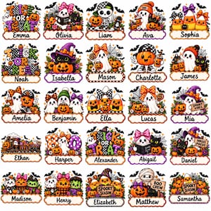 May include: A collection of twenty-five rectangular Halloween-themed labels, each featuring a unique illustration of ghosts, pumpkins, black cats, and candy corn, with a personalised name printed in a black script font on a white background.