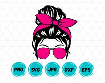 May include: Black and white illustration of a woman with a messy bun and pink sunglasses. She is wearing a pink headband. The image is surrounded by blue circles with the words PNG, SVG, JPG, DXF, and EPS.