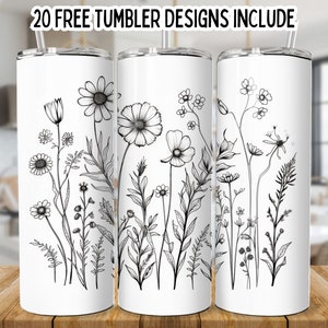 Black Flowers 20 Oz Skinny Tumbler png, Envoltório de flores silvestres, Download digital de modelo reto Download instantâneo de gráficos de sublimação
