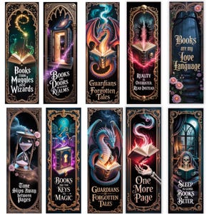 May include: A collection of fantasy-themed bookmarks with ornate gold frames. Each bookmark features unique artwork, including dragons, open books, and magical elements. Text on the bookmarks includes phrases like "Books turn Muggles into Wizards" and "Guardians of Forgotten Tales."