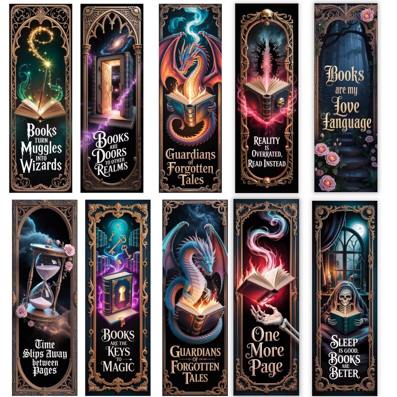 May include: A collection of fantasy-themed bookmarks with ornate gold frames. Each bookmark features unique artwork, including dragons, open books, and magical elements. Text on the bookmarks includes phrases like "Books turn Muggles into Wizards" and "Guardians of Forgotten Tales."
