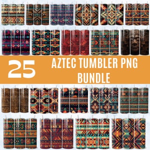 May include: A set of 25 digital PNG files featuring Aztec-inspired patterns in various colors, perfect for creating custom tumblers. The designs include geometric shapes, lines, and symbols in shades of red, orange, yellow, blue, green, and brown.