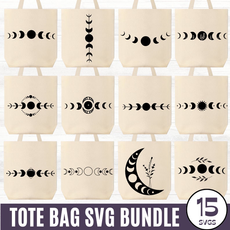 May include: A collection of beige tote bags with various black moon phase designs. The bags feature crescent moons, full moons, and other celestial patterns. The text "TOTE BAG SVG BUNDLE" is at the bottom, with "15 SVGS" in a circle.
