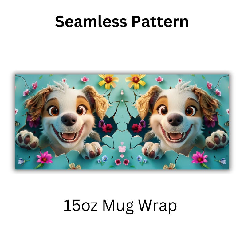 May include: A seamless pattern featuring two cartoon dogs with bright blue eyes and pink noses peeking out from behind a blue and white floral background. The pattern is designed for a 15oz mug wrap.