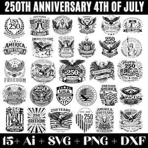 Puede incluir: Una colección de diseños gráficos en blanco y negro que celebran el 250 aniversario del 4 de julio. Los diseños incluyen águilas, banderas, la Estatua de la Libertad y los textos "250 Years" y "America".